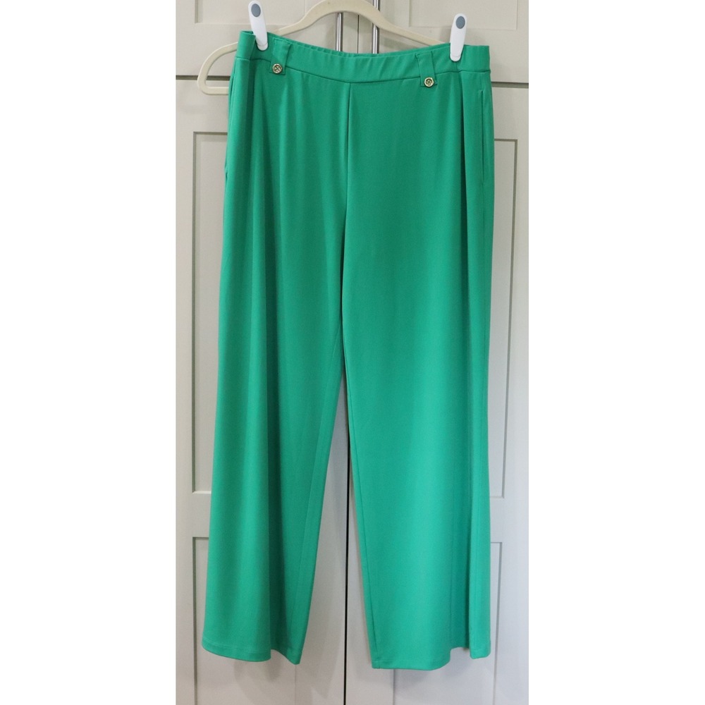 Susan Graver Liquid Knit Wide Leg Pants Green Gold Button Petite Medium A630826